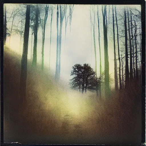 Image similar to polaroid of a surreal artsy dream scene, nature, double exposure