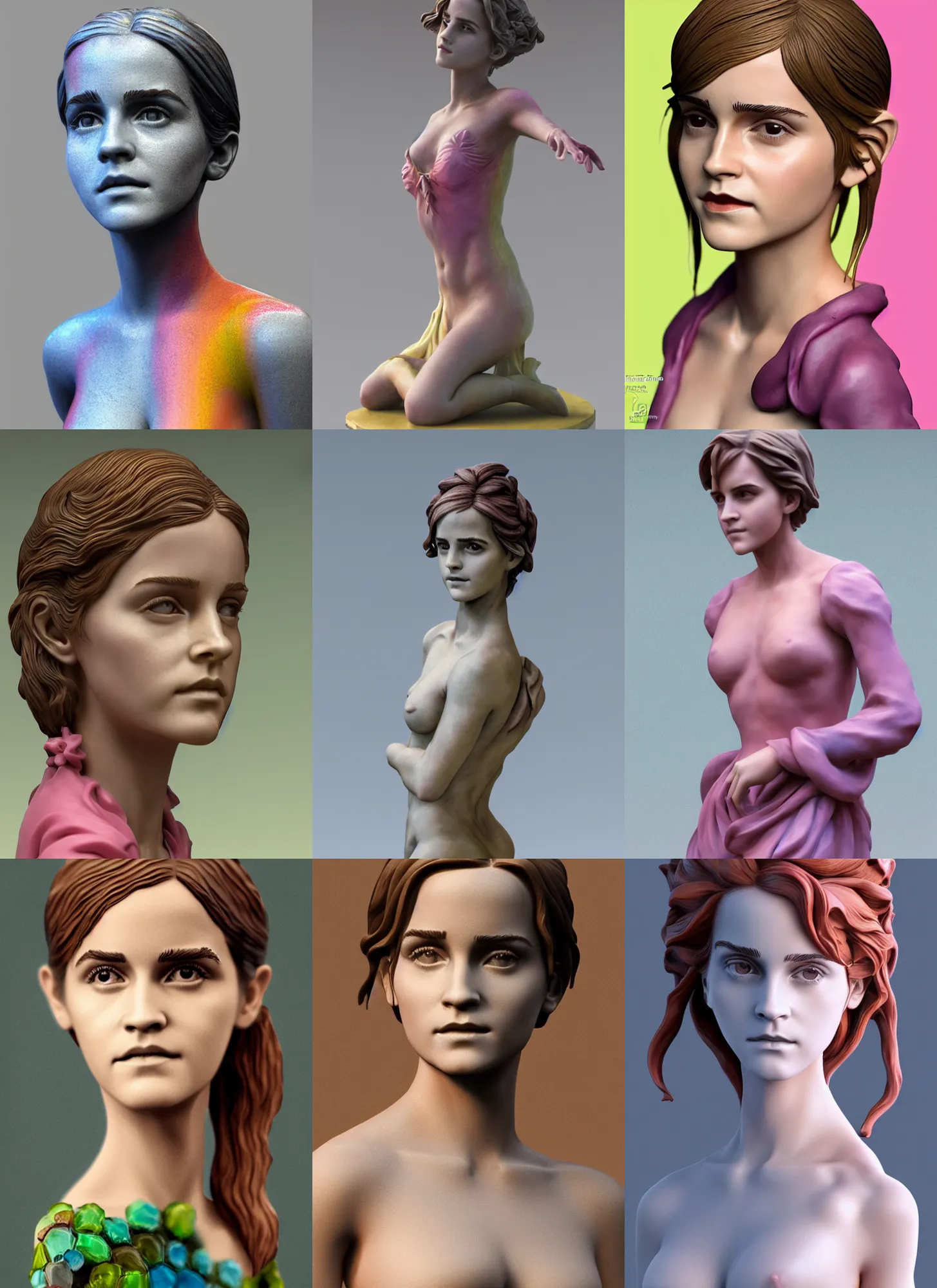 Prompt: 3D resin miniature sculpture of Emma Watson by Jean-Baptiste Carpeaux and Luo Li Rong, Queen of Nature, beautiful body and face, colorful, fresh colors, full length shot, elegant, academic art, realistic, 8K, Product Introduction Photo, Hyperrealism. Subsurface scattering, raytracing, Octane Render, Redshift, Zbrush, simple background