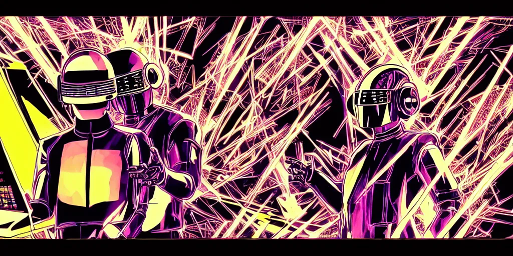 Image similar to detailed manga artwork of 2 Daft Punk robot rock using Apple notebook Macbook at an underground warehouse rave in Ibiza, playing techno house music, thousands of beautiful girls in bikini dancing, in the style of manga illustration, wires, speakers, trending on artstation