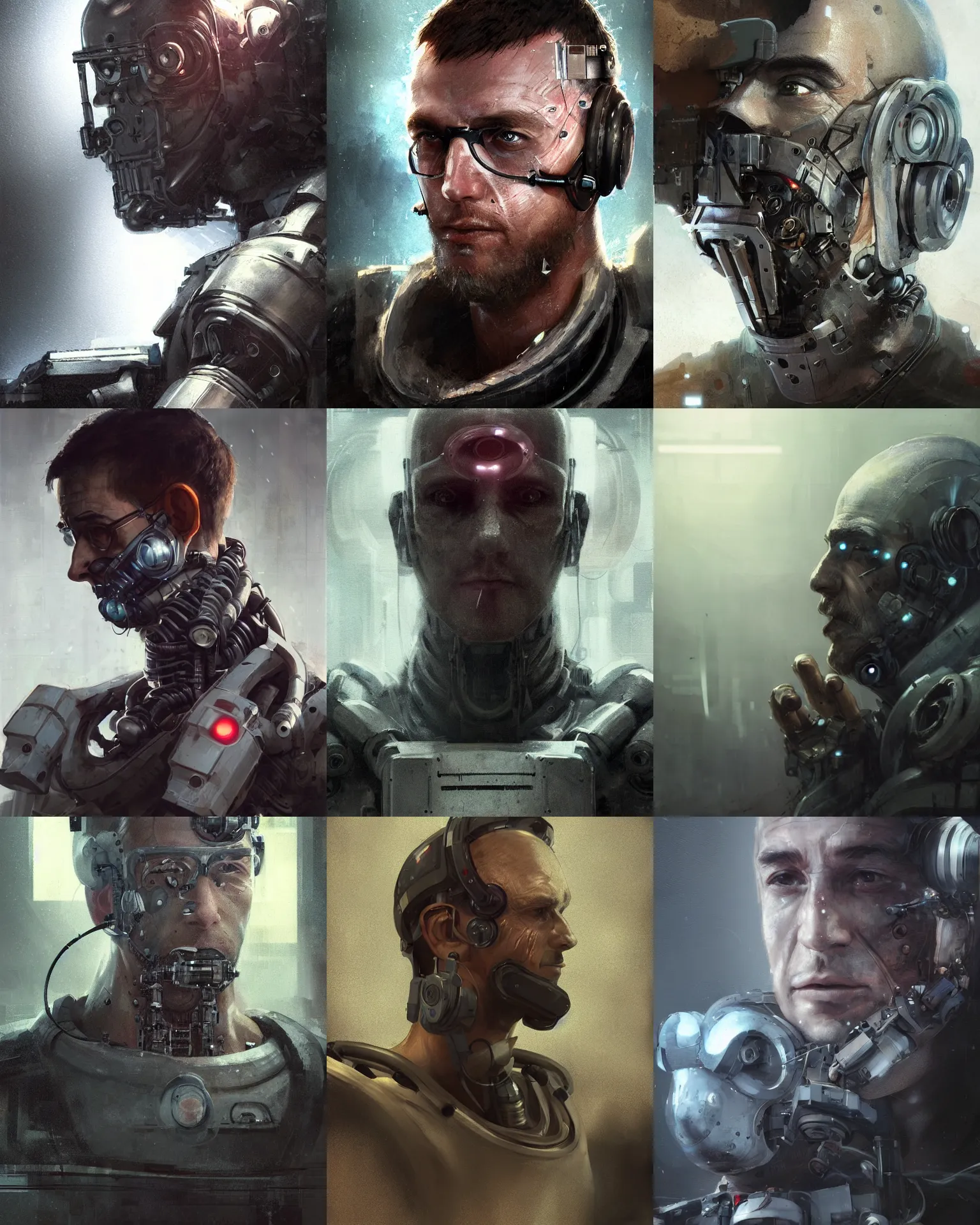 Prompt: a half - masked rugged laboratory engineer man with cybernetic enhancements as seen from a distance, scifi character halfbody portrait by greg rutkowski, esuthio, craig mullins, 1 / 4 headshot, cinematic lighting, dystopian scifi gear, gloomy, profile picture, mechanical, cyborg, half robot, implants, dieselpunk