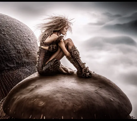 Image similar to a portrait photo of an armored female warrior sitting on the edge of a giant mushroom that covers a whole town and reaches above the clouds by luis royo. intricate. lifelike. soft light. sony a 7 r iv 5 5 mm. cinematic post - processing