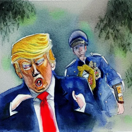 Image similar to donald trump being escorted out of his mansion in handcuffs by the fbi. watercolor