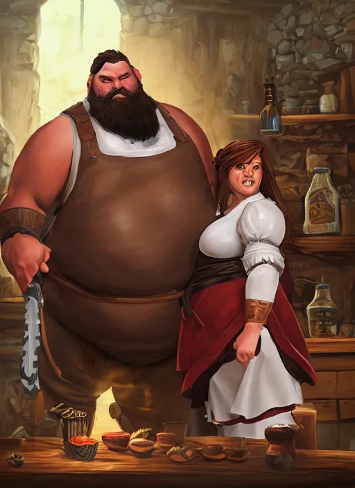 Image similar to an epic fantasy comic book style portrait painting of a hearty man with a big belly and thick beard and large woman who are a couple in a tavern with them both wearing aprons, unreal 5, daz, hyperrealistic, octane render, cosplay, rpg portrait, dynamic lighting