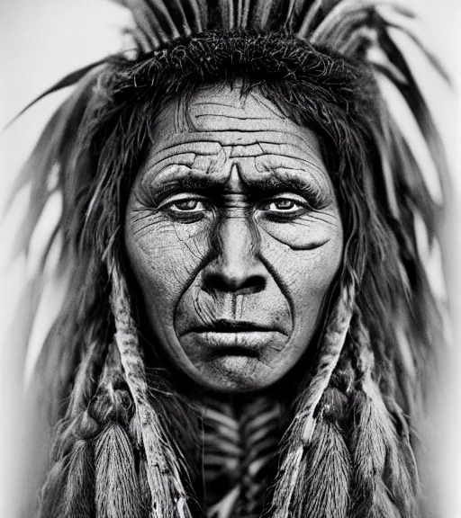 Image similar to Award winning Editorial photo of a Native Iroquois with incredible hair and hyper-detailed eyes wearing traditional garb by Edward Sherriff Curtis and Lee Jeffries, 85mm ND 5, perfect lighting, gelatin silver process