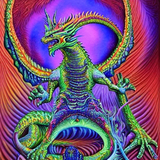 Image similar to a painting of a dragon with a psychedelic look, a detailed painting by alex grey, reddit contest winner, psychedelic art, detailed painting, psychedelic, ( ( made of crystals ) )