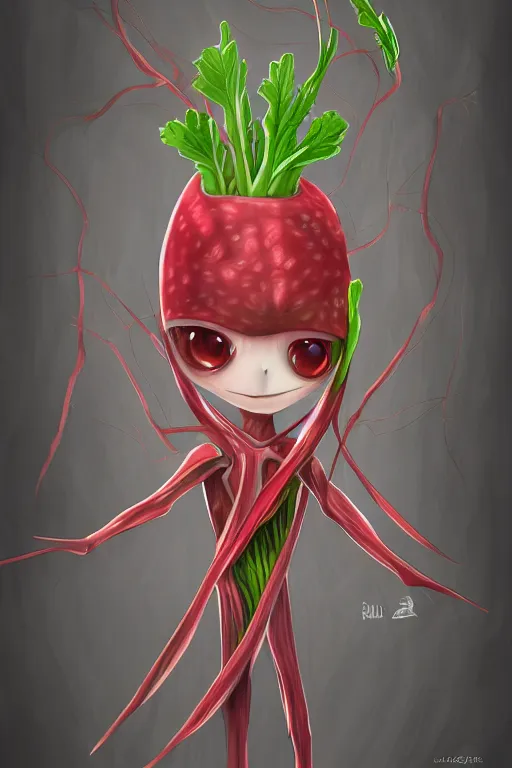 Image similar to radish humanoid, symmetrical, highly detailed, digital art, sharp focus, trending on art station, anime art style