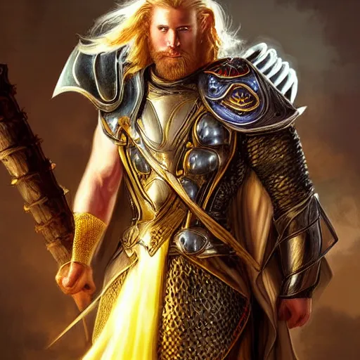 Image similar to A knight who looks like Thor with very short, slicked back, blonde hair style and a short beard, Athletic build. Wears chainmail with a blue robe and yellow cloak, Steel pauldrons, digital art, fantasy art, detailed, realistic, by Tony Sart