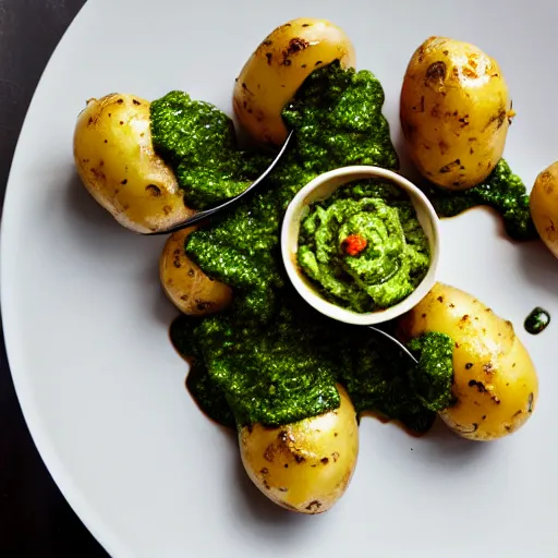Prompt: dslr photograph of potatoes marinated in honey mustard sauce, pureed goat cheese dollops and chimichurri sauce, michelin starred restaurant, food photography