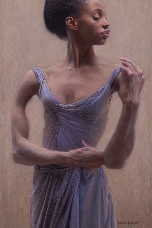 Image similar to portrait of a gorgeous graceful nubian prima ballerina, by donato giancola and berthold woltze.