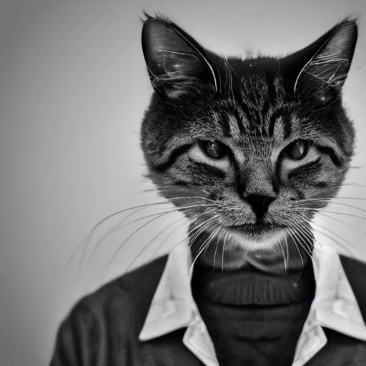 Image similar to chad cat looking like Ernest Khalimov, big chin, black and white filter, ultra hd, 8k