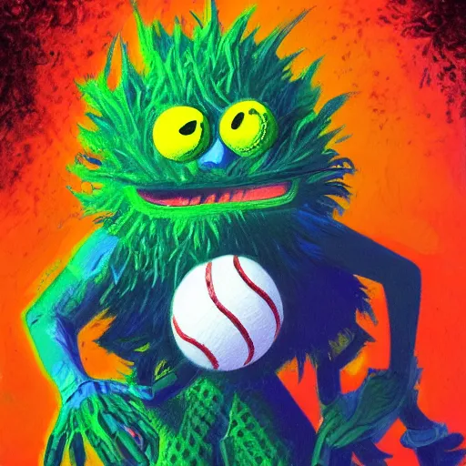 Image similar to a tennis ball monster ,tennis ball, tennis racket, colorful, digital art, fantasy, magic, trending on artstation, ultra detailed, professional illustration by Basil Gogos