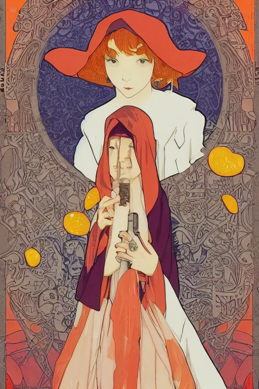 Image similar to a Girl in a large hood crouching on the ground ,orange slices,album,Microphone,Visual Communication Design by studio ghibli and mucha ,Refreshing colour