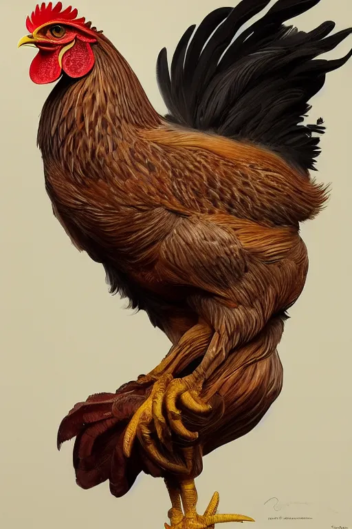 Prompt: painting of a chicken - crow chimera, decorated, intricate, elegant, highly detailed, digital painting, artstation, concept art, smooth, sharp focus, illustration, art by artgerm and greg rutkowski and alphonse mucha, 8 k