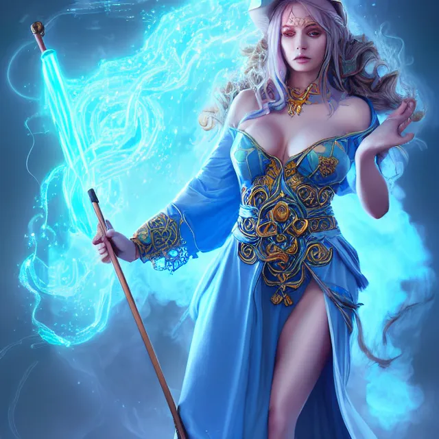 Image similar to beautiful elemental electric witch with ornate cyan robes and staff, highly detailed, 4 k, hdr, smooth, sharp focus, high resolution, award - winning photo, artgerm, photorealistic