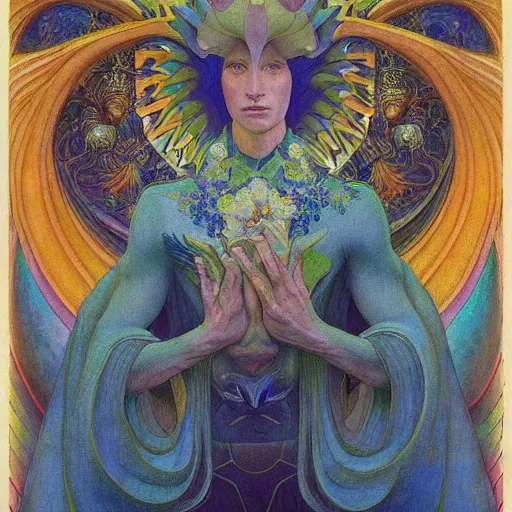 Image similar to the flower prince, by jean delville and donato giancola and nicholas roerich, and diego rivera, and leo and diane dillon, symbolist, tattoos, dramatic lighting, elaborate geometric ornament, art brut, god rays, soft cool colors, smooth, sharp focus, extremely detailed