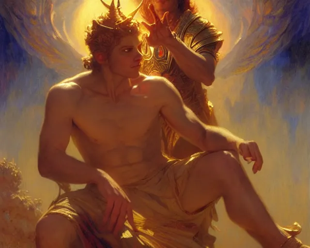 Image similar to attractive male deity, casting demonic magic, summoning handsome lucifer morning star. highly detailed painting by gaston bussiere, craig mullins, j. c. leyendecker 8 k