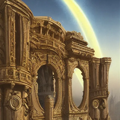 Image similar to carved futuristic gateway at the end of ancient ornate steps with a large wide window to a city which details the vast architectural scientific and cultural achievements of ancient humankind, complex composition, molecules and machines, renato muccillo, andreas rocha, jorge jacinto, damian kryzwonos, ede laszlo, artstation, digital art, cinematic blue and gold