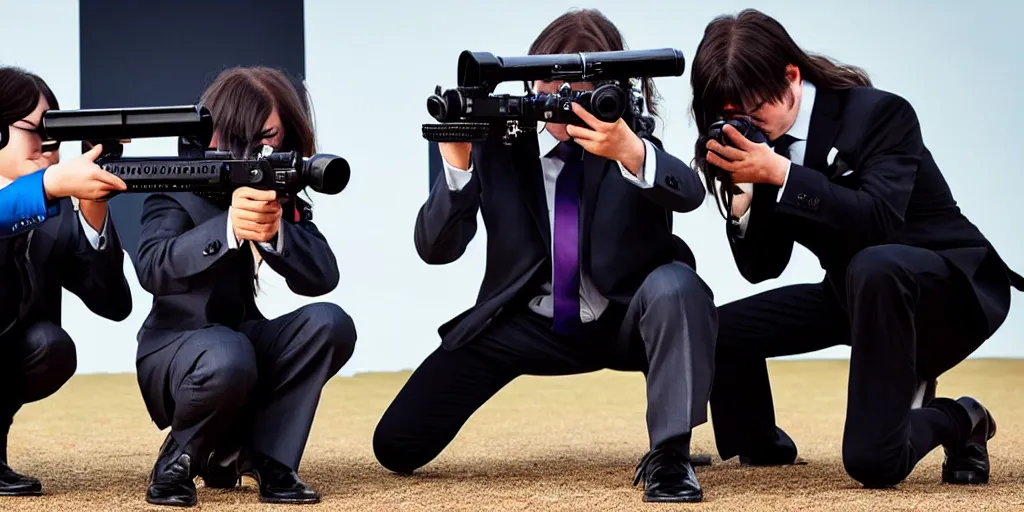 Image similar to a long hair man in suit with a gun aimed the lens while helping a jk girl squatting on the ground stand up.