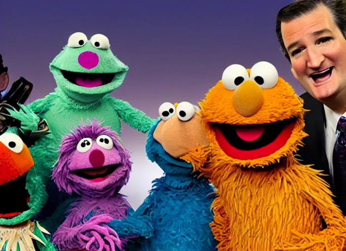 Image similar to ted cruz getting beaten up and punched and kicked by a gang of muppets on sesame street
