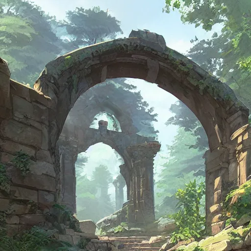 Image similar to concept art painting of an ornate ancient stone archway, in the woods, realistic, detailed, cel shaded, in the style of makoto shinkai and greg rutkowski and james gurney