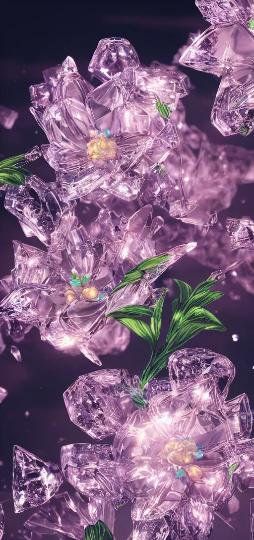 Image similar to portait crystal flowers, octane render uhd, filmic lighting, cinematic art shot, hyperrealistic, hyperdetailed, super detailed, 8 k, high resolution, 8 k uhd, mega high white mountain, midnight