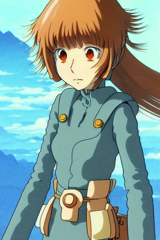 Image similar to anime art full body portrait character nausicaa by hayao miyazaki concept art, anime key visual of elegant young female, short brown hair and large eyes, finely detailed perfect face delicate features directed gaze, valley of the wind and mountains background, trending on pixiv fanbox, studio ghibli, extremely high quality artwork by kushart krenz cute sparkling eyes