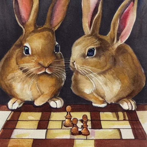 Prompt: two rabbits playing chess, watercolour realism