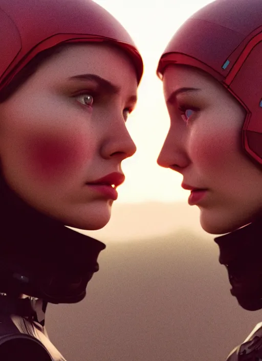 Image similar to cinestill 5 0 d photographic portrait of two loving female androids wearing rugged black techwear on a desolate plain with a red sky, extreme closeup, cyberpunk style, dust storm, 8 k, hd, high resolution, 3 5 mm, f / 3 2, ultra realistic faces, ex machina