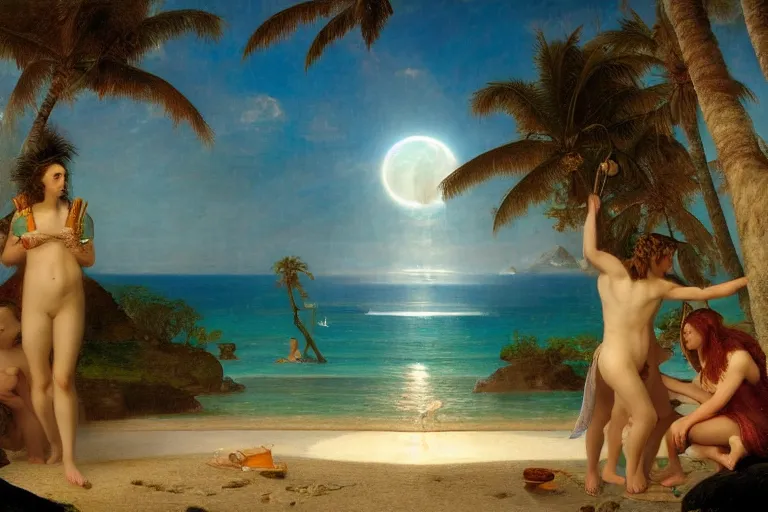 Image similar to The beach arch, refracted moon on the ocean, thunderstorm, greek pool, beach and Tropical vegetation on the background major arcana sky and occult symbols, by paul delaroche, hyperrealistic 4k uhd, award-winning, very detailed paradise