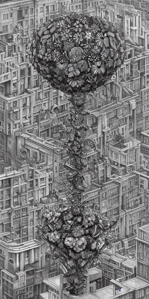 Image similar to colossal MC Escher flower in the middle of post soviet constructivist cityscape, Stalinist architecture, ultradetailed, Intricate by Hayao Miyazaki and Josan Gonzalez and Giuseppe Arcimboldo and Wes Anderson and H.R. Giger