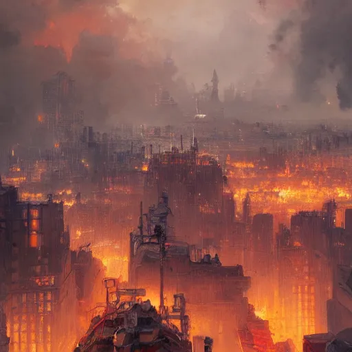 Prompt: Hyper detailed painting of a fantasy city, the city is on fire, smoke rising from the buildings to the skies, pyres on the streets, view from above, by Greg Rutkowski, trending on artstation