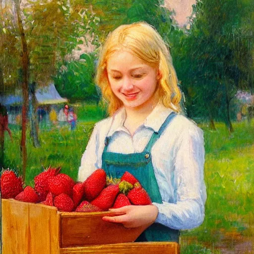 Image similar to Cute Blonde Girl with locks sells Strawberries in a fruit stand, oil on canvas, Impressionism