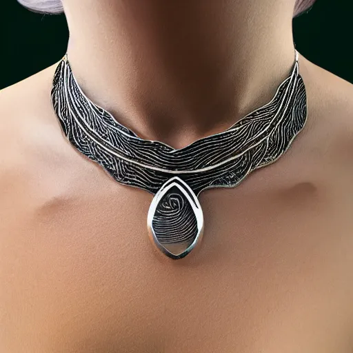 Image similar to amulet of wave inlaid in silver, on a young beautiful woman neck, realistic, clean,