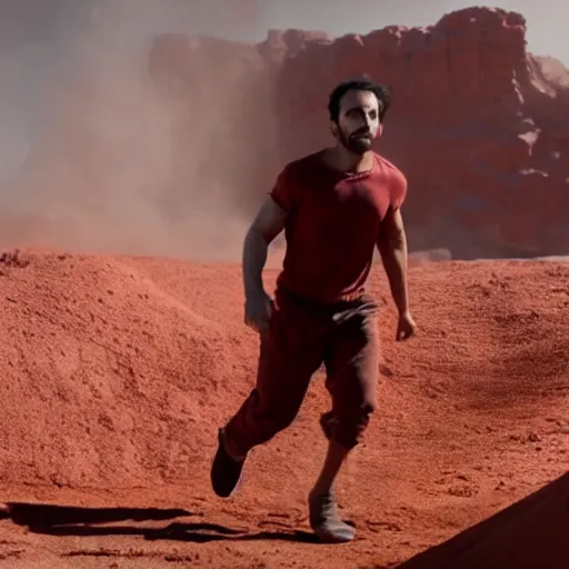 Image similar to cinematic still of a gust of wind blowing red clay into the shape of a 30 year old middle eastern man emerging waist up out of the red clay, strong, muscular, mysterious, fantastical, miraculous, epic, light rays, cinematic, Biblical epic directed by Steven Spielberg