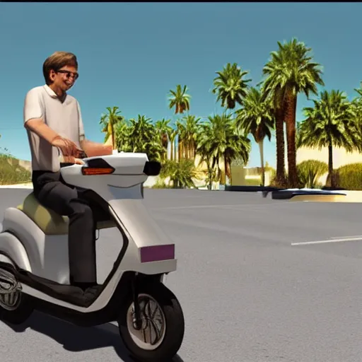 Prompt: bill gates riding a 1 9 8 7 honda elite scooter in palm springs, 3 d, unreal engine,