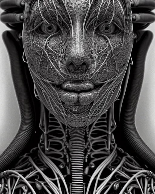 Image similar to mythical black and white organic biomechanical spinal ribbed face portrait detail of mechanical female vegetal-cyborg, highly detailed, intricate ornate, 3D render digital art, octane render, 8K artistic photography, photorealistic