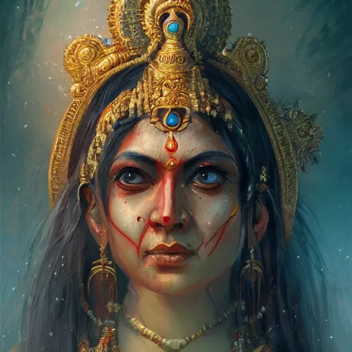 Prompt: a portrait of a scary ancient hindu goddess, by wlop, greg rutkowski, thomas kinkade, super detailed, 3 d, 4 k wallpaper