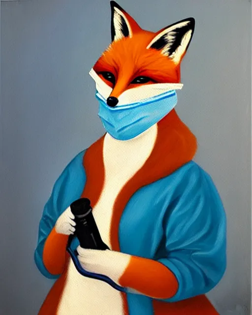 Prompt: oil painting portrait of anthropomorphic female fox animal dressed in doctor's coat, surgical mask covering mouth, holding syringe, fox animal, hospital in background, oil painting,