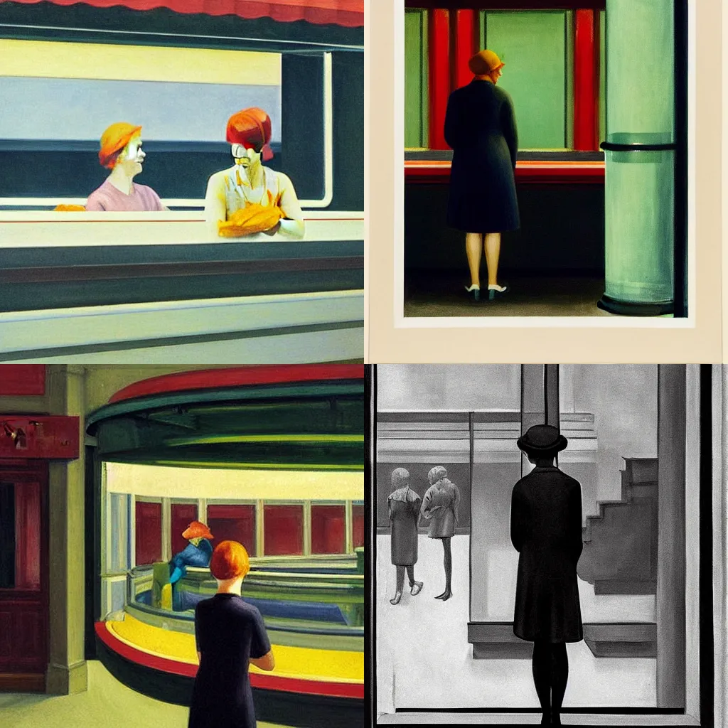 Prompt: A girl in Automat by Edward Hopper (1927), but as photograph