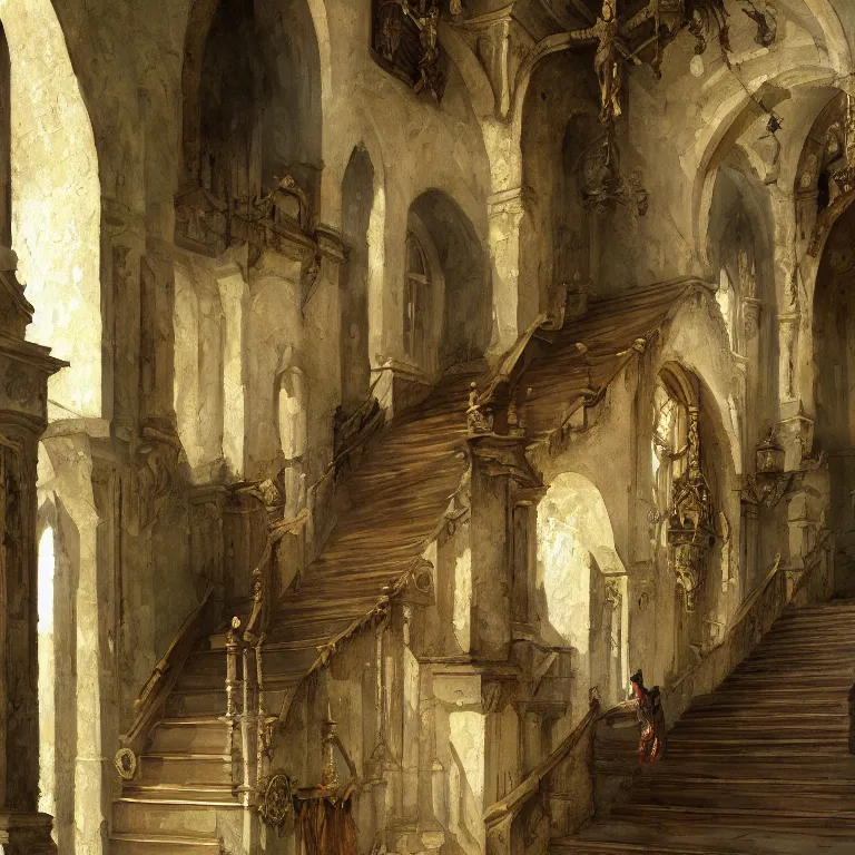 Image similar to a detailed painting of a medieval hall with statue and big staircase. fantasy poster. lord of the rings style. cinematic fantasy scene. fantasy. carl spitzweg. renaissance elements. renaissance element. oil painting. award winning. trending on artstation. 8 k