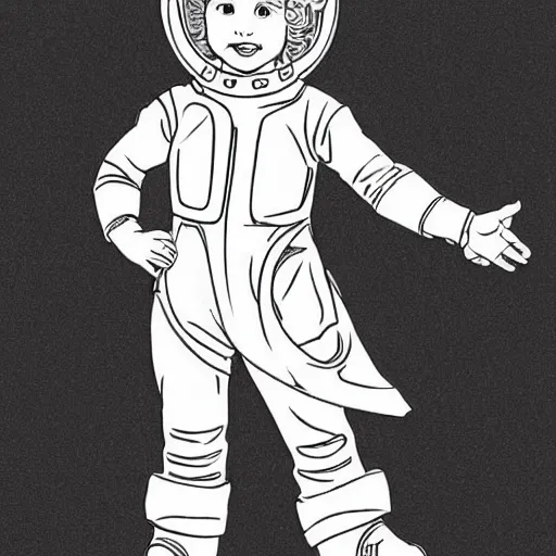 Image similar to clean simple line art of a cute little girl with a mischievous face and short brown wavy curly hair. she is dressed as an astronaut. no background. well composed, clean coloring book page, beautiful detailed face. coloring book line art by steve ditko and jack kirby and alphonse mucha