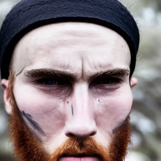 Image similar to minimalist photography portrait of a germanic pagan man, sad, crying, tear, early middle ages, gash, symmetrical, super close up, mid thirties, cute round slanted eyes, caucasian, wide nostrils, high cheekbones, full cheeks, high flat eyebrows, ethereal essence, leica 1 0 0 mm f 0. 8