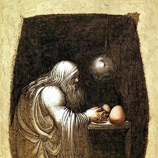 Prompt: Pensive Wizard Examining Eggs, by Leonardo da Vinci.
