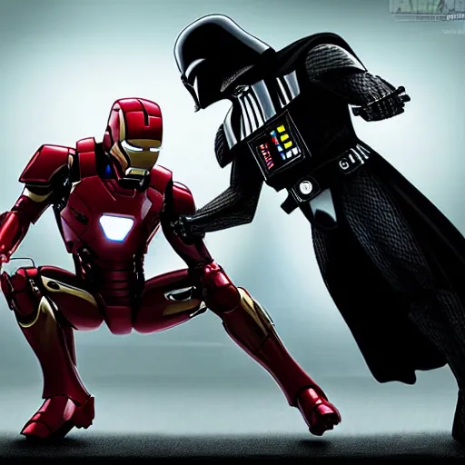 Image similar to iron man vs. darth vader, battle scene, movie scene, cinematic,