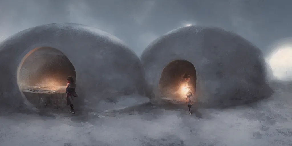 Image similar to young girl back to us in front of an round igloo in the tundra,, mysterious matte painting by ruan jia and craig mullins, trending on artstation