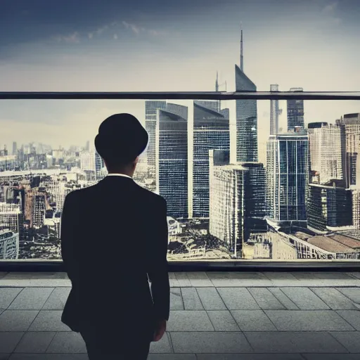 Image similar to a still of a cat in a suit looking out at a city skyline, cinematic,