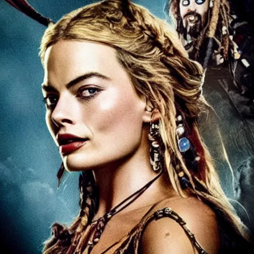 Prompt: margot robbie replacing johnny depp in the lead role in pirates of the caribbean ( 2 0 2 4 ) film poster