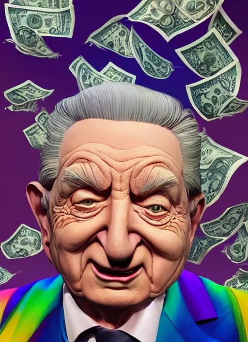 Image similar to colourful caricature - 3 d vfx art - portrait of a george soros with money all around hime, art style by james jean & hsiao - ron cheng, character concept art, unreal engine render, digital illustration, sharp, intricate detail, volumetric light, ray tracing, soft light, symmetric, pinterest, artstation, behance,