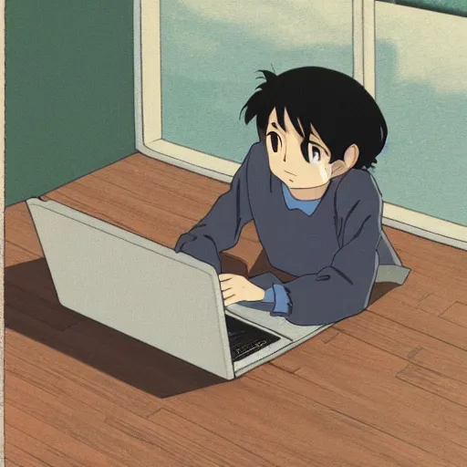Prompt: guy with black hair using a laptop, tan skin, looking down, art by hayao miyazaki, studio ghibli film