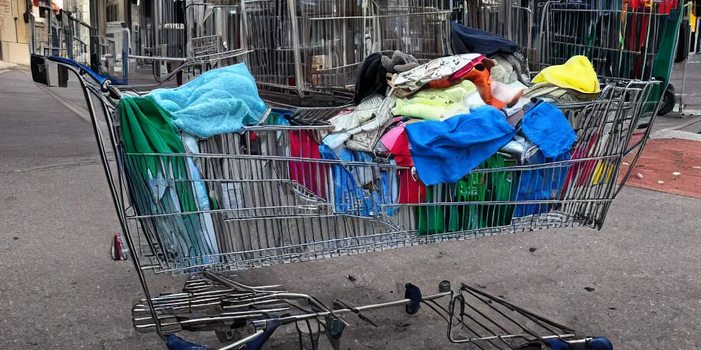 Prompt: a homeless person's shopping cart filled with dirty belongings, photorealistic